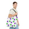 Purple & Green Weed Leaves Canvas Tote Bag (White) - Image 6
