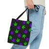 Purple & Green Weed Leaves Canvas Tote Bag (Black)